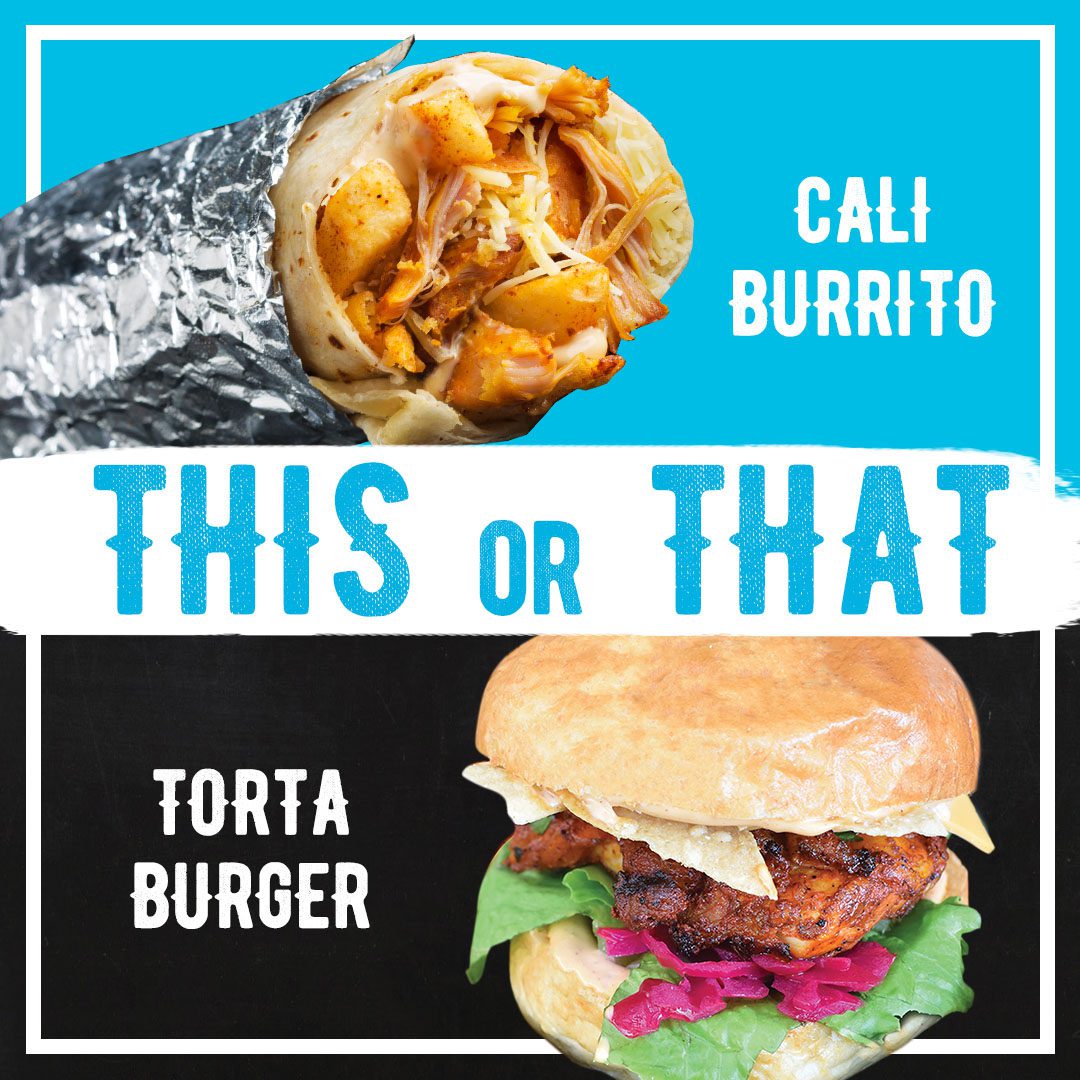POLL TIME: California Burrito vs. Torta Burger! 🍔🌯 Let us know in the comments and tag your friends to compare their answers! #BurritoBar #ModernMexican #ThisorThat #Burrito #CaliforniaBurrito #Tortas #TortaBurger