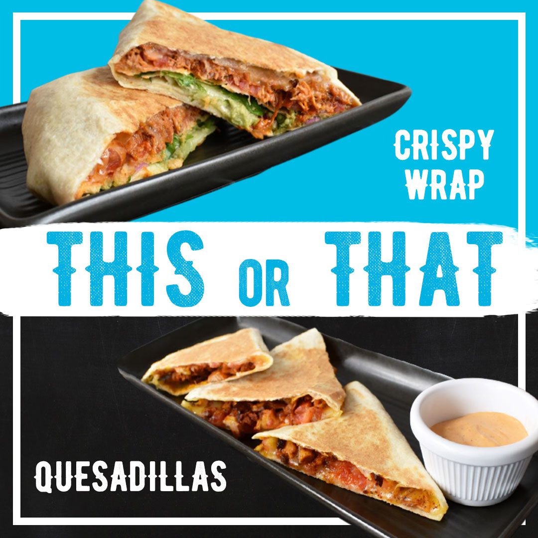 THIS OR THAT: CRISPY WRAP vs. QUESADILLAS! 🤔 Let us know in the comments and tag your friends to compare their answers! #BurritoBar #ModernMexican #ThisorThat #CrispyWrap #Quesadillas