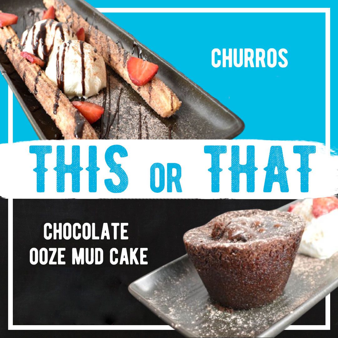 THIS OR THAT: CHURROS vs. CHOCOLATE OOZE MUD CAKE! 🍫🍦 Let us know in the comments and tag your friends to compare their answers! #BurritoBar #ModernMexican #ThisorThat #Churros #ChocolateOozeMudcake #Chocolate #Desserts