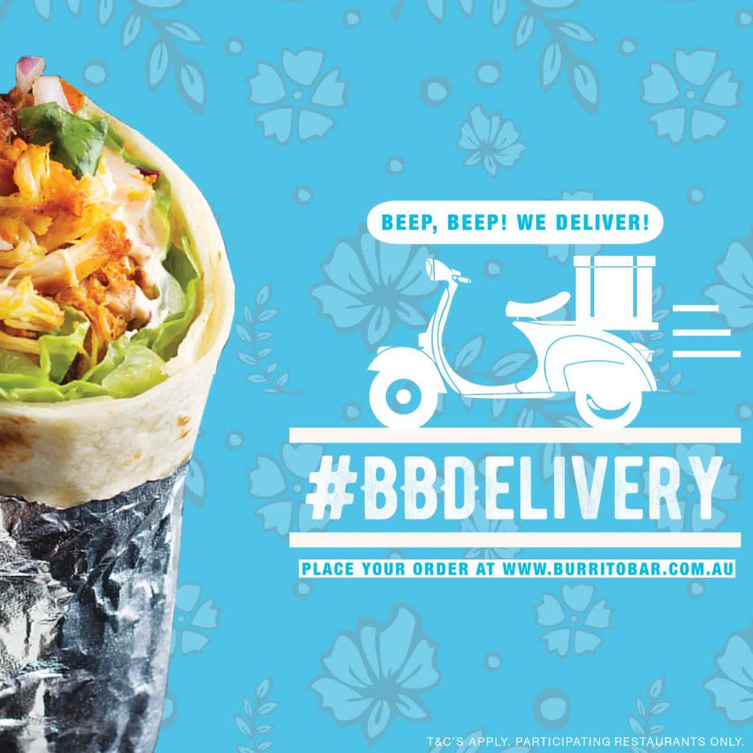 Your next meal is only a click away! 🛵🌯🌮📲 Order BB ONLINE at www.burritobar.com.au for pick-up in-store or DELIVERY! #BBDelivery is available 7 DAYS A WEEK!  Delivery available in selected areas only for orders of $20 or more. $6.99 delivery fee applies. T&C's apply.