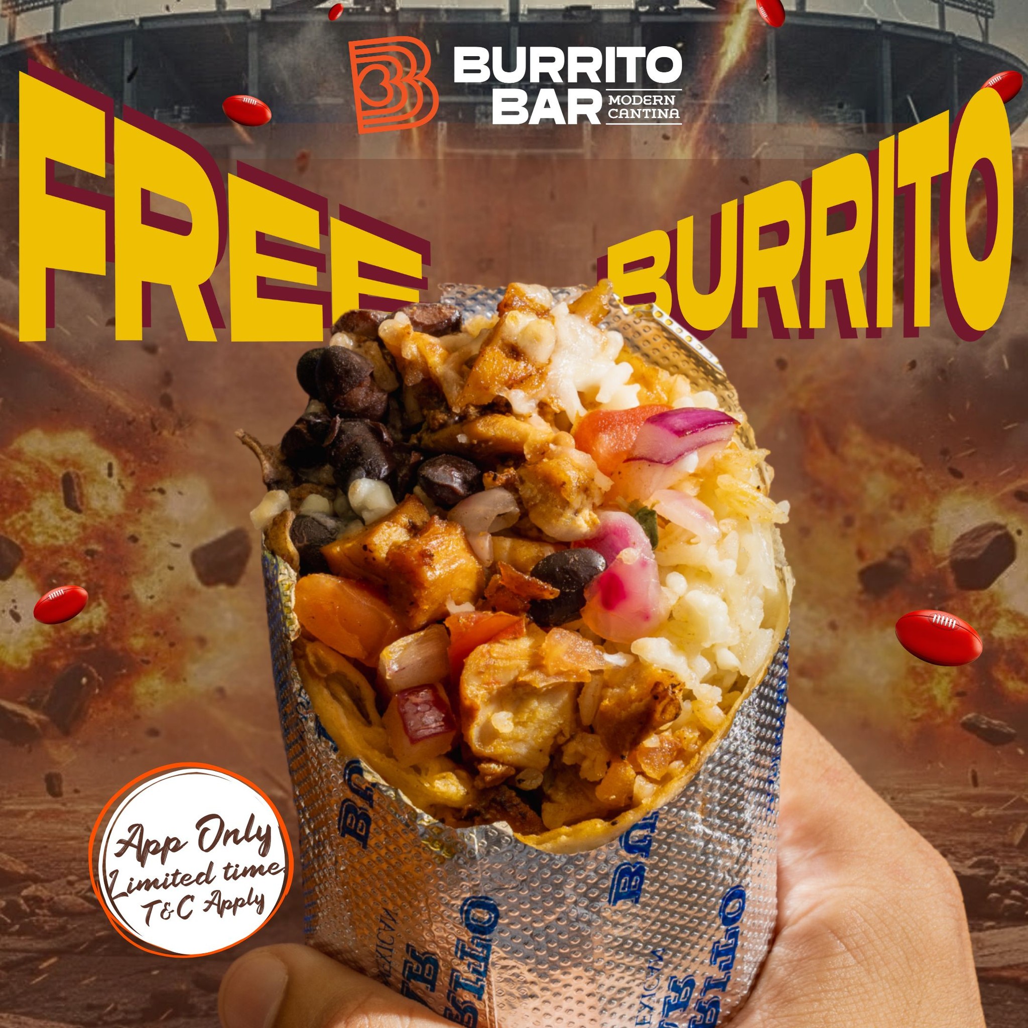 QLD knows what's up 😎
S.O.O ✅
AFL ✅
NRLW ✅
NRL ✅
After a blockbuster few months of sporting action from the Sunshine State, Burrito Bar's joining in on the action to give everyone a Free Burrito!
Get the app here: linktr.ee/BurritoBarAU
Valid only for a Regular classic chicken Burrito.
Available on the Burrito Bar app for a limited time only, must be a member to a redeem. Valid at all Burrito Bar locations. Ends 08/10 🧡