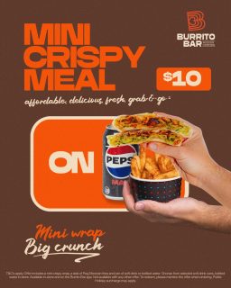 Mini Crispy Meal mode: ON 💥
Crispy cravings: satisfied ✅🤤
Try the Mini Crispy Wrap today for just $10.
Available in-store + on the Burrito Bar app 🤳
(T&Cs apply. Mention offer when ordering in-store.)