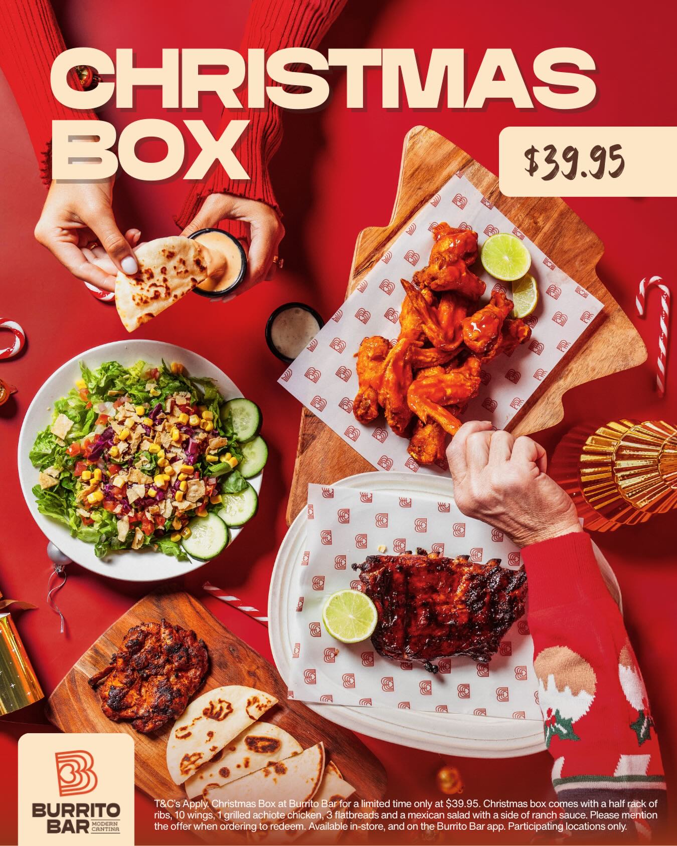 Christmas came early this year! ๐
๐ฝ๐
โฆAnd itโs stacked! ๐
๐ Half rack of ribs
๐ 10 wings
๐ฅ grilled achiote chicken
๐ฅ Mexican salad
๐ flatbreads
โฆAll for $39.95.
Available in-store & on the Burrito Bar app.
(T&Cs apply. Limited time only. Participating locations only.)