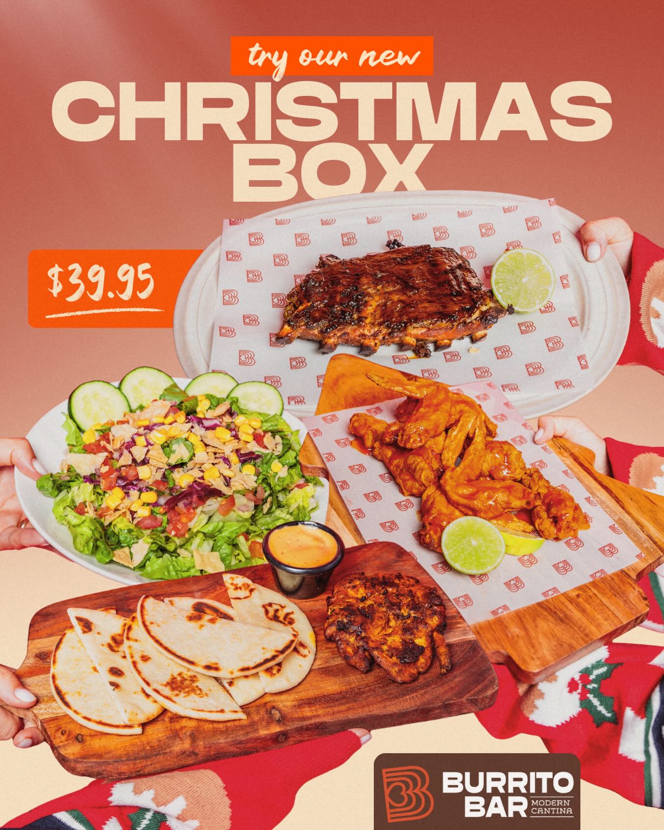 This box isn’t just merry… 🎅🏽😍🍖

It’s massive!

🍖 Ribs
🍗 Wings
🔥 Grilled achiote chicken
🥗 Mexican salad 
🍞 Flatbreads

All your favourite Christmas cravings in one box.

Grab yours in-store or on the Burrito Bar app today!

(T&Cs apply. Limited time only.)