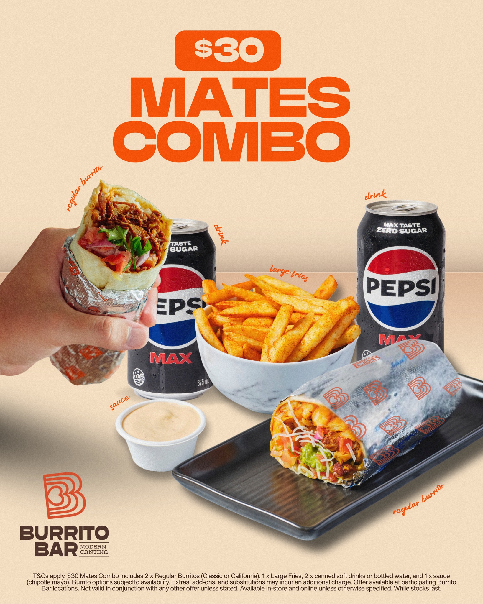 Date night, mate night, any night 🌯🧡
The Mates Combo is the move — Grab 2 burritos, a large fries and 2 drinks for $30! Delicious every time. 😍