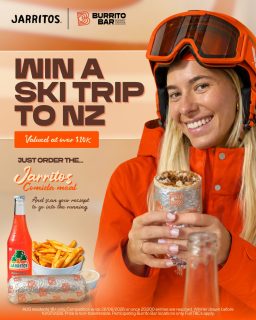 You were already going to eat lunch… 🤷🏼‍♀️

So you may as well make it the one that could send you to Queenstown 🎿🌯

Burrito Bar and Jarritos are giving one winner and their best mate the chance to win a ski trip to New Zealand valued at over $10K.

Flights, accommodation, ski passes, VIP party access, limited-edition Jarritos snowboards… 

All from ordering the Jarritos Comida meal for $14.95.

Order. Scan the QR code. Enter the draw at burritobar.com.au

T&Cs apply. Open to Australian residents aged 18+ only. Competition runs from 11/05/26 to 28/06/26 or until 20,000 entries are reached. To enter, purchase a Jarritos Comida meal for $14.95, scan the QR code, and upload your receipt. Prize includes a trip to Queenstown, New Zealand for the winner and 1 guest. Prize is non-transferable and travel dates are fixed. Winner drawn before 10/07/26. Participating Burrito Bar locations only. Full T&Cs apply.