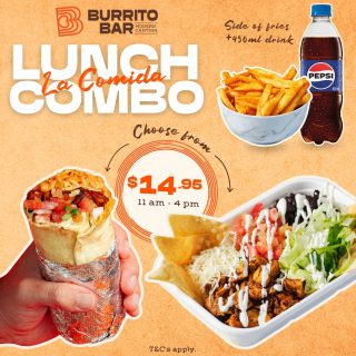 Burrito or bowl? Now it's your call 🤩
Our La Comida lunch deal now comes with the choice of a Classic Burrito or a Burrito Bowl 🌯 🥗
For just $14.95, tuck into:
🌯 1 Small Classic Burrito or Bowl
🍟 Small Mexican Fries
🥤 450ml Soft Drink or Bottled Water
Feeling extra hungry? +$3 upsizes it to a large burrito or bowl with a 600ml drink 🙌
Every day, 11am–4pm. Dine in, takeaway or order at order.burritobar.com.au. T&Cs apply, incl. public holiday surcharge.