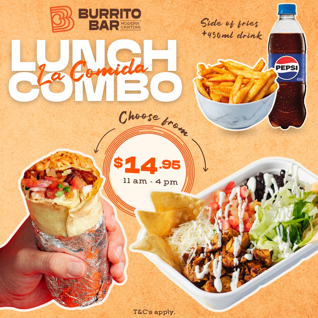 Burrito or bowl? Now it's your call 🤩
Our La Comida lunch deal now comes with the choice of a Classic Burrito or a Burrito Bowl 🌯 🥗
For just $14.95, tuck into:
🌯 1 Small Classic Burrito or Bowl
🍟 Small Mexican Fries
🥤 450ml Soft Drink or Bottled Water
Feeling extra hungry? +$3 upsizes it to a large burrito or bowl with a 600ml drink 🙌
Every day, 11am–4pm. Dine in, takeaway or order at order.burritobar.com.au. T&Cs apply, incl. public holiday surcharge.