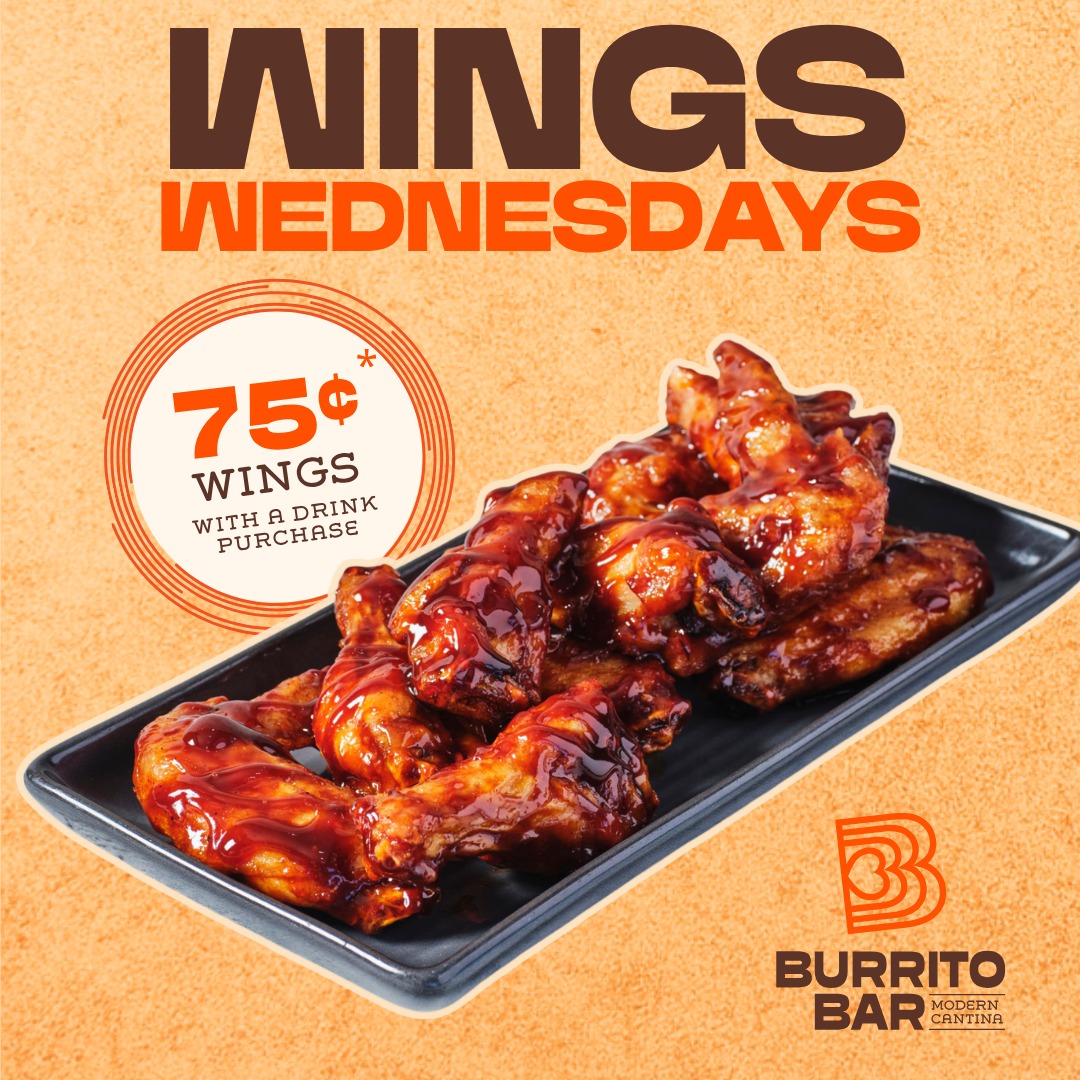 75¢ WINGS. EVERY WEDNESDAY. 🍗🔥
Yep, you read that right!
Grab any drink and get your wings for just 75¢ each. Crispy, saucy and ready to make your Wednesday a whole lot better 😋

Tag your wing mate and get stuck in👇 
Dine in, takeaway or order at order.burritobar.com.au. 

Limit 10 wings per drink purchased. Kids’ pop tops excluded. Alcohol not available to persons under 18 or for takeaway. 
T&Cs apply.