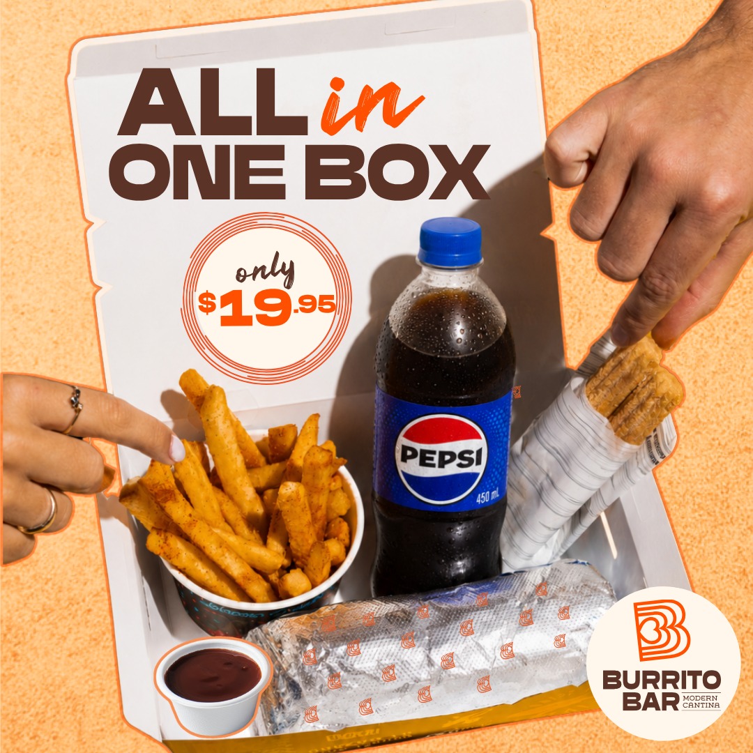 The full package does exist 😳

🌯 Cali Burrito
🍟 Mexican fries
🍫 2 churros with choc sauce
🥤 a 450ml drink/bottled water

Good thing they all come in one box for $19.95 😮‍💨
T&Cs apply.