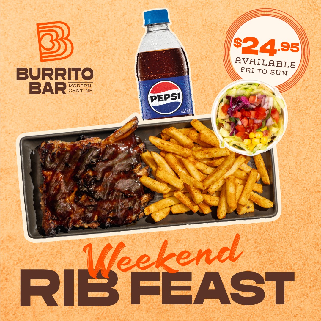 Weekends just got saucy. 🔥 
Get a half rack of Pork ribs, Mexican fries, a Mexi salad and a drink for $24.95. 

Friday to Sunday only, so lock in your weekend feed. 🥗🍖
Dine in, take away or order online. 

T&Cs apply.