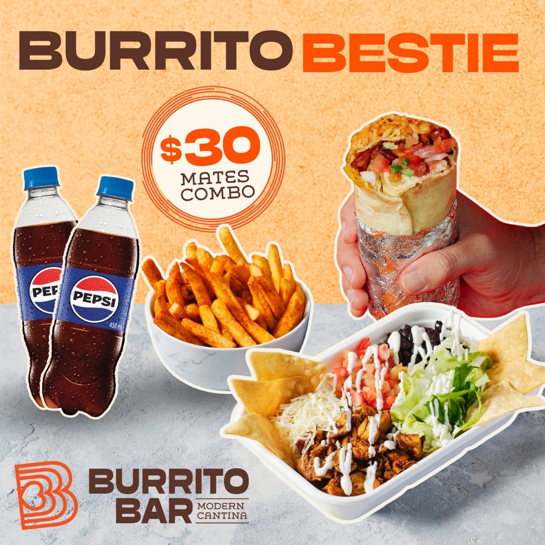 Grab your mate, we’ve got you both covered 🤝🌯

2 small Classic or California burritos or bowls, a large Mexican fries to share (or fight over 😜) and 2 x 450ml soft drinks or bottled water, all for just $30.

Lunch date, catch-up or post-gym refuel, it’s the move 😎

🗓️ All day, every day
🍽️ Dine-in, takeaway and online
📲 Burrito Bar app or order.burritobar.com.au

At participating stores. T&Cs apply.
