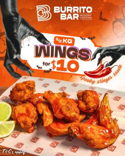⚠️ Proceed with caution. 🦇
This Halloween, grab ½ kg of wings for just $10, drenched in our Spooky Stinger sauce. 🥵 🌶️
Sweating by wing two, Reaching for milk by the next. 🥛
Tag the mate who swears they can handle anything. 😂 👻🔥
Saturday 31 October only.
T&Cs: $10 ½ kg Spooky Stinger Wings (Spicy Stinger sauce only), onSaturday 31 October 2026. Valid in-store, online at order.burritobar.com.au and on the Burrito Bar app. $15 on Uber Eats and DoorDash. While stocks last. Not valid with any other offer.