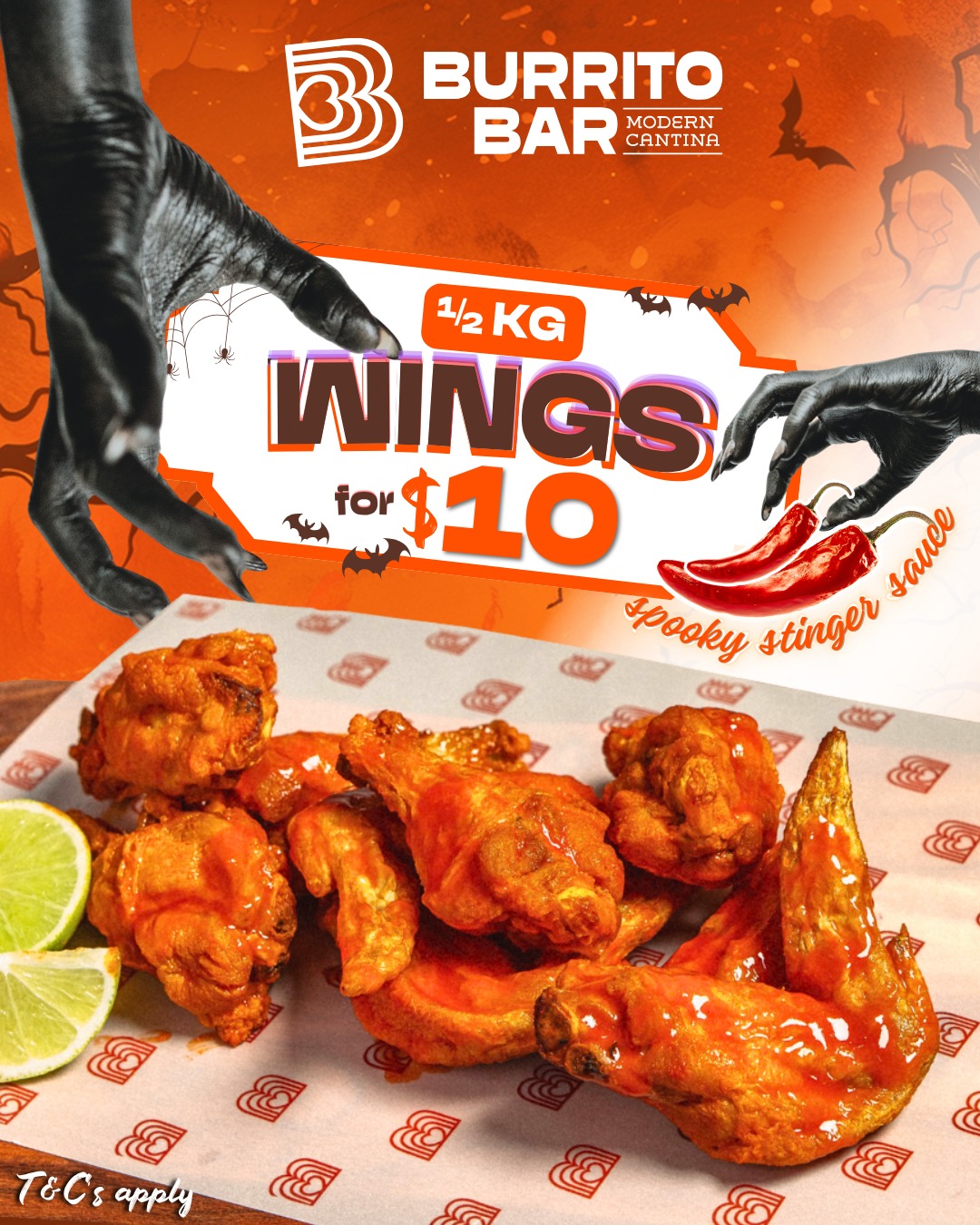 ⚠️ Proceed with caution. 🦇
This Halloween, grab ½ kg of wings for just $10, drenched in our Spooky Stinger sauce. 🥵 🌶️
Sweating by wing two, Reaching for milk by the next. 🥛
Tag the mate who swears they can handle anything. 😂 👻🔥
Saturday 31 October only.
T&Cs: $10 ½ kg Spooky Stinger Wings (Spicy Stinger sauce only), onSaturday 31 October 2026. Valid in-store, online at order.burritobar.com.au and on the Burrito Bar app. $15 on Uber Eats and DoorDash. While stocks last. Not valid with any other offer.